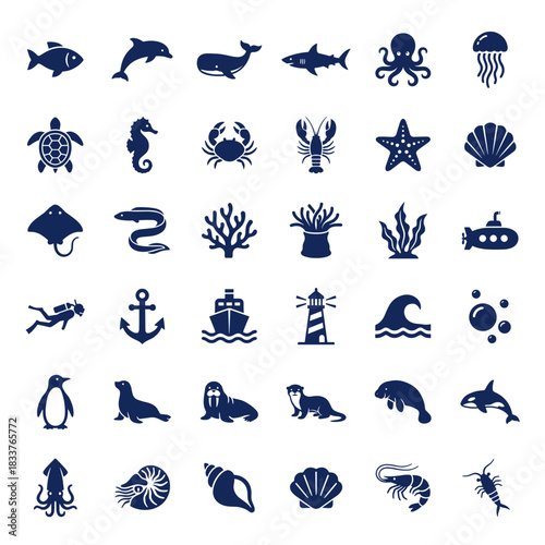Comprehensive Vector Icon Set of Marine Animals and Ocean Life, Featuring Various Sea Creatures, Nautical Elements, and Submarine Flora.