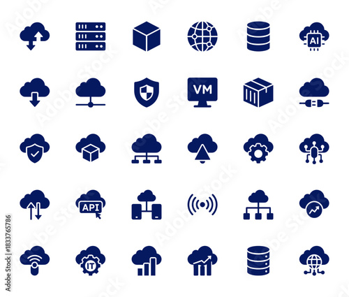 Comprehensive Vector Icon Set Detailing Cloud Computing and Networking Infrastructure, Including Data Storage, Server Architecture, Security, Virtual Machines, and Connectivity Symbols.