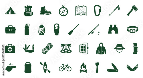 Comprehensive Vector Icon Set of Hiking and Camping Gear and Accessories, Including Tents, Backpacks, Boots, Maps, Tools, and Safety Equipment for Wilderness Guides.