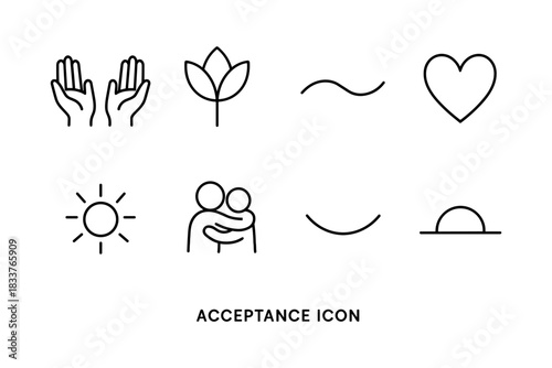 Minimalist acceptance icons: line art symbols of positivity and connection