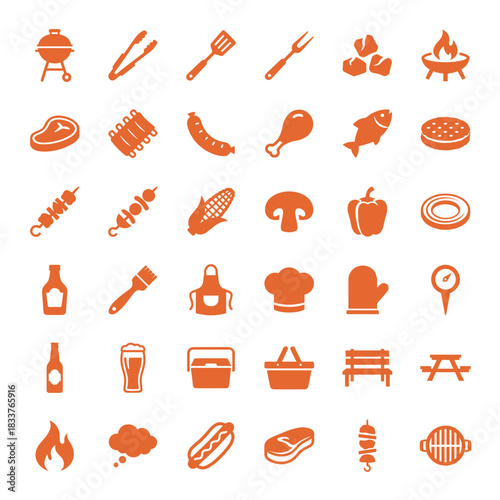 Diverse Vector Icon Set of BBQ and Grilling Tools, Ingredients, and Accessories, Featuring Grills, Utensils, Meat, Vegetables, Beverages, and Picnic Items for Outdoor Cooking.