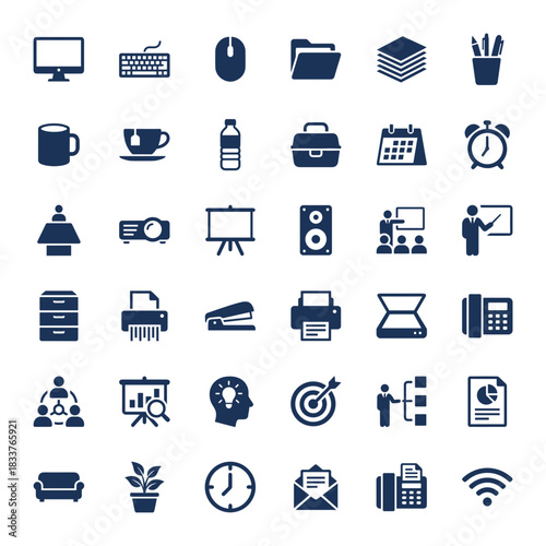 Diverse Vector Icon Set of Modern Office and Business Tools, Covering Computer Peripherals, Meeting Equipment, Documentation, and Communication Symbols for Corporate Graphics.