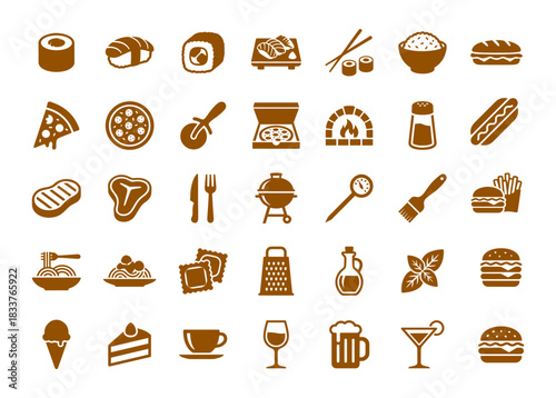 Extensive Vector Icon Set of International Food, Dining, and Beverage Items, Including Sushi, Pizza, Steak, Pasta, Desserts, and Drinks for Restaurant Menus and Apps.