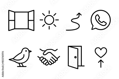 Minimalist line art icons of common objects and symbols