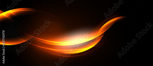 Abstract orange waves, luminous center. Dark background creates dramatic visual impact. Smooth curves suggest motion, energy.