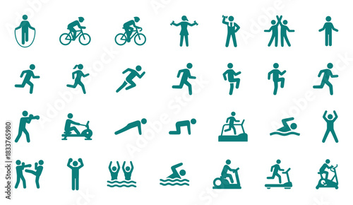 Diverse Vector Icon Set of Human Silhouettes Engaging in Various Physical Activities and Sports, Including Running, Cycling, Boxing, Swimming, and Gym Workouts.
