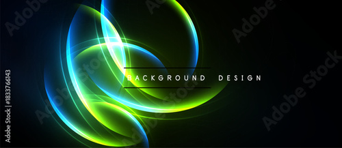 Abstract neon lines create flowing shapes. Vibrant green, blue hues contrast dark background. Modern design element, dynamic energy.