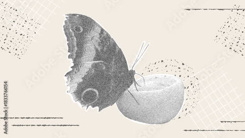 A butterfly feeding on nectar. A trendy halftone collage with a grainy photocopy effect for flyers, banners, and social media.