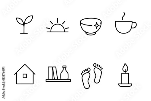 Minimalist icons of nature, home, and relaxation in a simple linear style