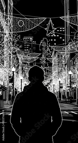 Dark silhouette of a person in a hooded jacket from behind.