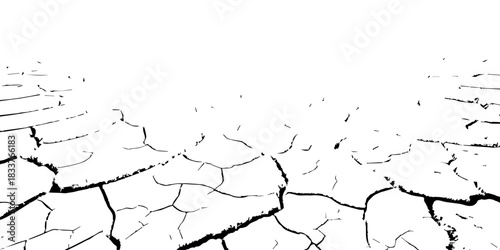 High-contrast cracked earth texture in black and white. Detailed dry soil pattern showing deep fractures and arid surface. Perfect for backgrounds, drought concepts, textures, and environmental design