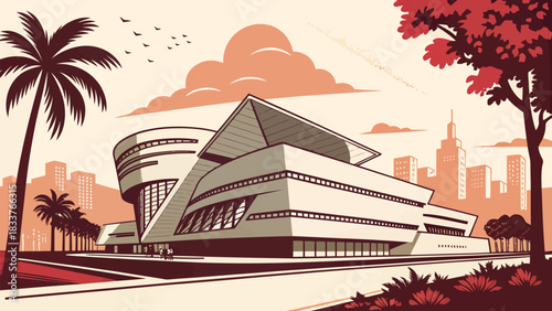 Stunning architectural design of a modern library near palm trees, perfect for community engagement brochures and creative city planning presentations