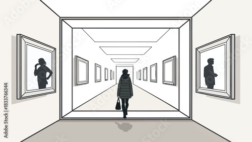 Woman explores modern art gallery, enjoying creative inspiration and cultural enrichment, surrounded by framed artwork in a spacious hall of artistic expression