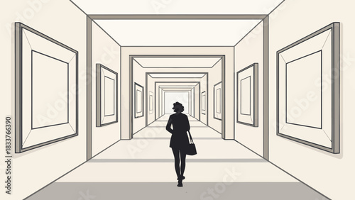 Silhouette of a woman walking through a modern art gallery, framed artwork enhancing the creative atmosphere, perfect for arts and culture marketing