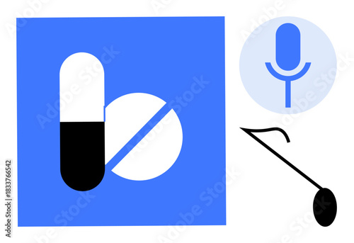 Healthcare, telemedicine, pharmaceuticals, communication systems, modern treatment, medical consultation. Pill icons, microphone and stethoscope on blue and white background. Healthcare