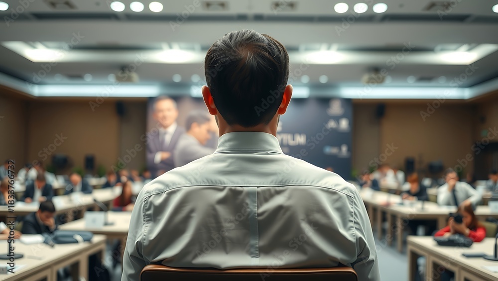 Fototapeta premium Generative AI future corporate event attendee observing a dynamic presentation from the audience