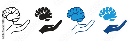 Brain care icon set. Carefully holding brain in hand, concept illustration of taking care about brain .Vector illustration.