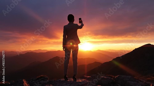 Woman taking photo with mobile phone against sunset on mountain peak silhouette landscape