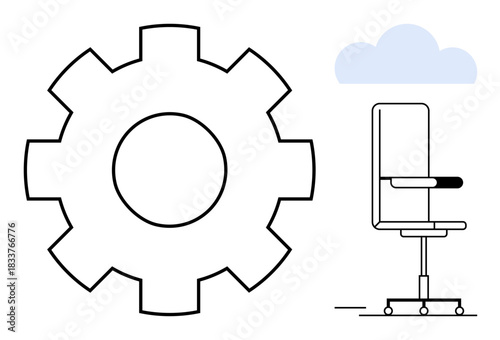 Productivity, innovation, workplace setup, efficiency, ergonomics, modern office design. A gear icon next to an office chair outline under a cloud. Productivity and workplace setup concepts