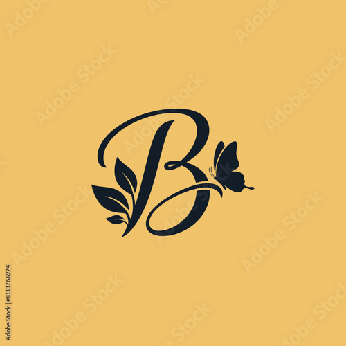 Script letter B logo design with leaves and a butterfly flat illustration