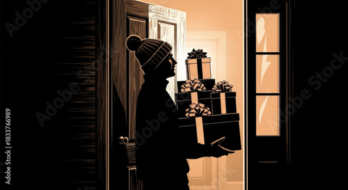 Silhouette of a person in a winter hat holding a stack of wrapped gifts.