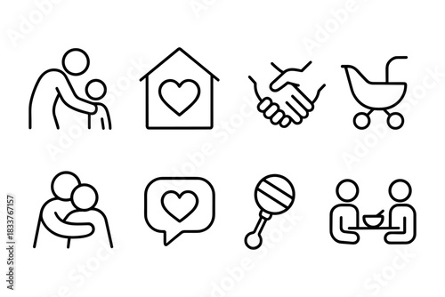 Family and care icons: embracing love, relationships, and support in line art