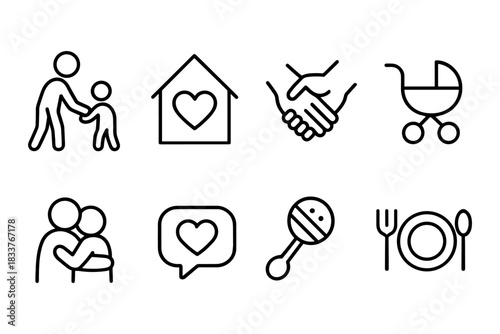 Minimal family icons set: parenthood, care, love, support, meal, baby