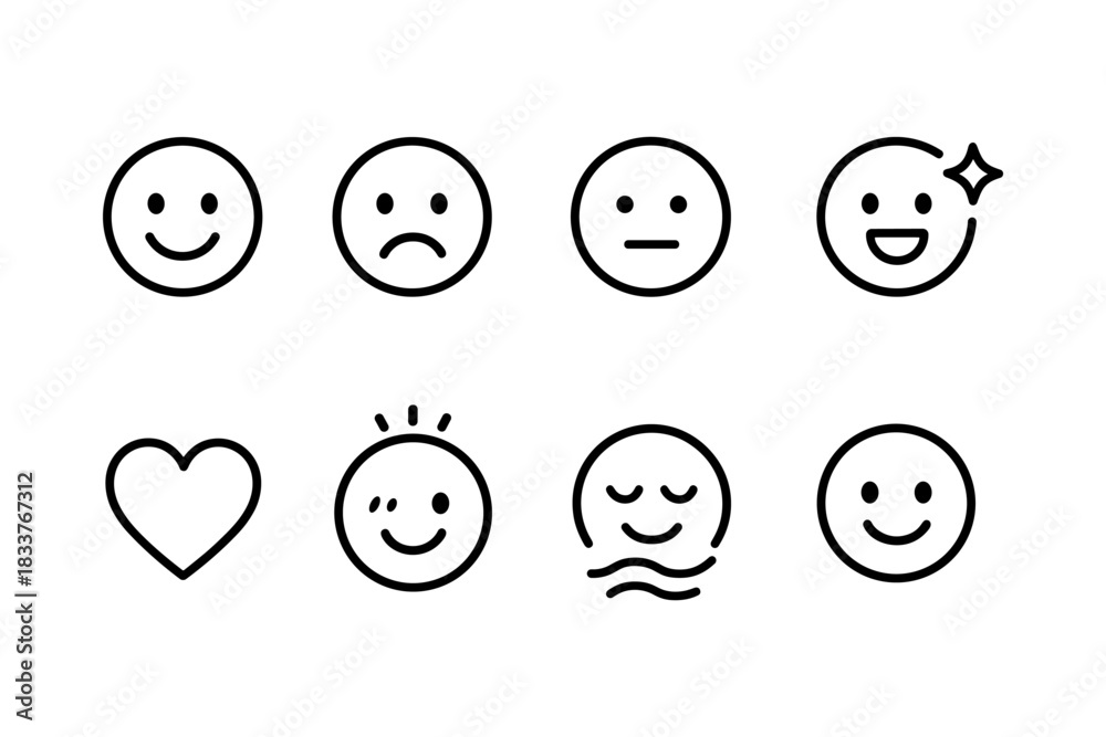 Obraz premium Minimalist emoji icon set: happy, sad, and more emotions in linear style