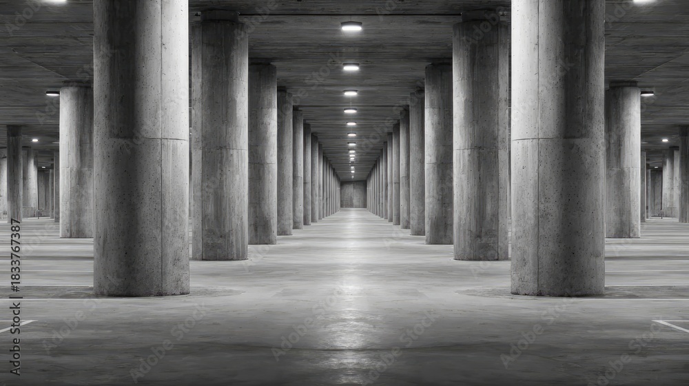 Obraz premium Symmetrical View of Concrete Pillars in an Empty Parking Structure with Modern Industrial Design and Soft Lighting Effects