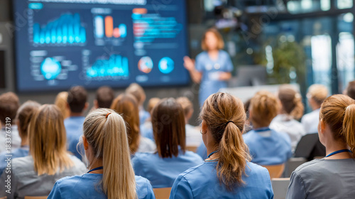 An audience of students or doctors listening to a lecture in a modern auditorium. On the screen are graphs, diagrams, and a photo of the lecturer wearing a medical gown. 
