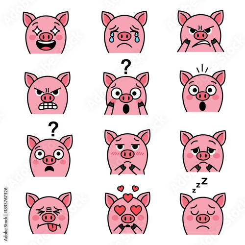 Set of cute cartoon pig emoticons with various expressions.