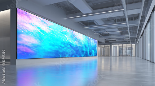 Spacious modern office interior featuring a large vibrant LED screen displaying abstract blue and purple liquid motion, reflecting on the polished floor in a high-tech corporate setting.