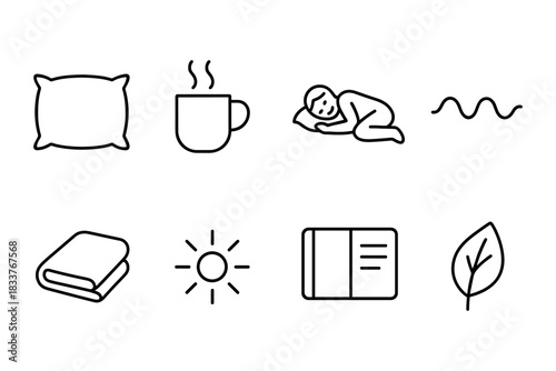 Minimalist icons for relaxation and comfort: pillow, hot drink, sleep, nature, and more