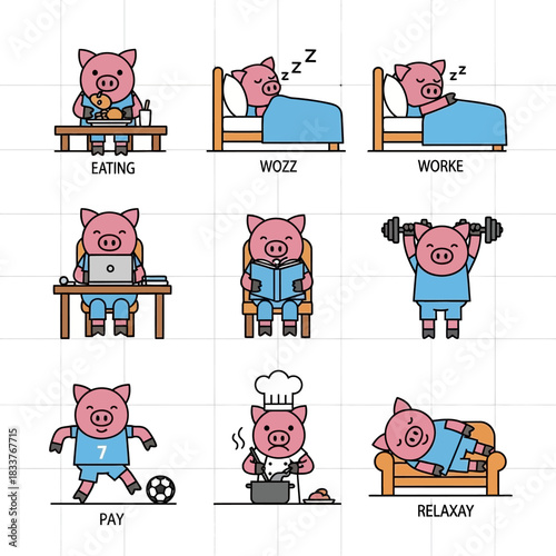 Various pig illustrations depicting different activities and daily routines.