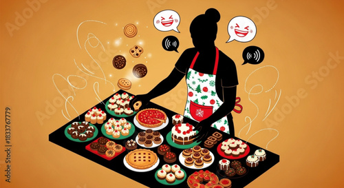 Silhouette of a female baker proudly displaying a table of homemade desserts.