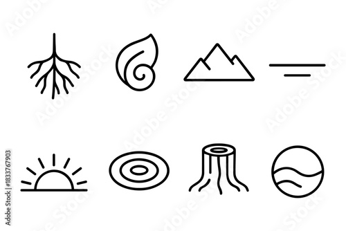 Minimalist nature icons set featuring roots, leaves, mountains, and more