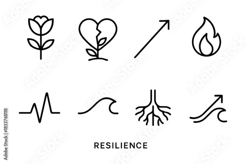 Resilience icons: growth, healing, and persistence in simple line art