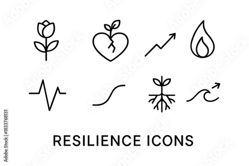 Resilience symbols: nature, growth, and strength line icons