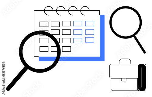 Calendar grid with magnifying glass and briefcase emphasizing scheduling, time management, and focus. Ideal for productivity, planning, research, organization, business deadlines analysis. Simple