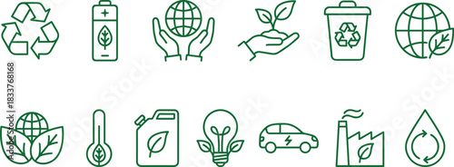 Ecology and Environment Icon Set Recycle, Green Energy, Earth Globe, Hand Planting, Eco-friendly Battery, Factory, Electric Car, and Water Drop Outline Vector Collection