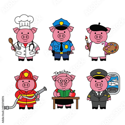 Set of cute cartoon pigs representing various professions and jobs.