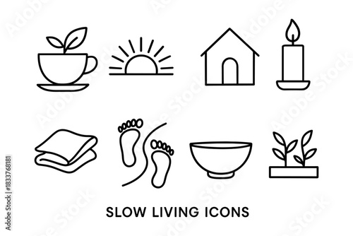 Minimalist slow living icon set featuring simple line art of home and nature elements