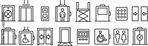 Elevator and Accessibility Icon Set Lift Door, Up Down Arrow, Handicapped Symbol, Disabled User, Maintenance, and Emergency Stop Outline Vector Collection