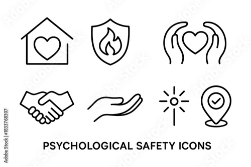 Modern psychological safety icons featuring heart, handshake, and shield symbols