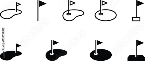 Golf Sport and Leisure Icon Set Putting Green, Golf Hole, Flag Pole, Pin, Golf Course, Flagstick, and Hole-in-One Outline Vector Collection
