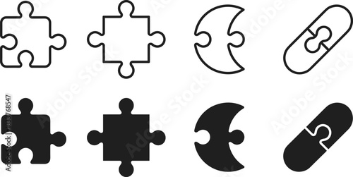 Puzzle Piece and Problem Solving Icon Set Jigsaw Element, Connection, Solution, Teamwork, Strategy, Logic, Creativity, and Collaboration Outline Vector Collection