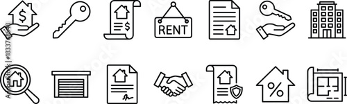 Real Estate and Property Icon Set House for Sale, Rent Sign, Home Key, Mortgage, Handshake, Blueprint, Garage, and Apartment Building Outline Vector Collection