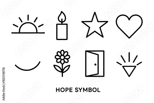 Minimalist hope symbols: sun, candle, star, heart, smile, flower, door, light