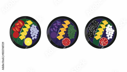 Vibrant collection of three healthy food bowls for modern diet planning and wellness inspiration