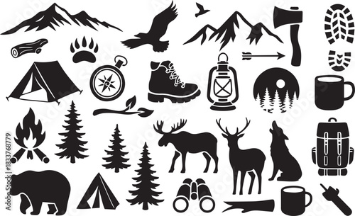 compass, silhouette, boot, camping, journey, nature, vector, wilderness, wildlife, adventure, forest, hiking, mountain, travel, tree, exploration, bear, gear, moose, survival, camp, tent, backpack, ca